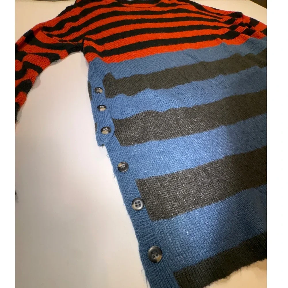 Cecico Womens Striped Colorblock Sweater Red Blue Black Side Button High Low L - Picture 7 of 7